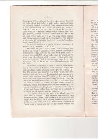 3:l
brazi grogi (50 cm. diametru), azi uscatri, crescu{i chiar a1[-
turea de stancd. Crecile lor, se vede, au fost cur5{ite .de mAnI
de om, pdnd in vAri. In ce scop? Poate cd cercetiri metodice
gi bine conduse ar descoperi lucruri interesante, in ceeace pri-
vegte trecutul Bucegilor gi al vlei Prahovei. In fine tot in
acest punot, se vld nenumlrate resturi de scdri de lemn, com-
plet putrede, arhtdnd cdutlrile fdcute acum 30-40 ani. De
ar putei vorbi, multe ar avei de spus acea stdnc[ vegnicd,
dar mai cu seamir ar puted ingird pe cei ce gi-au rupt coastele
qi picioarele (in adevdratul inteles al cuvdntului), u'mb'ldnd
dupe comori imaginare.
ln aceastd sdlbatecd gi pustie regiune, evocatoare de
timpuri vechi, eram Ia 1 ltt 30' a. m.
De acolo am plecat ,cdtre N.-W., deacurmezigul pan-
telor gi am trpcut pe deasupra poenei AIuniEuI Vanfurisulul.
in realitatea o rApI acoperitd de aluni. Arn fi putut cobori in
aceasti poiand (1.200 m), de unde egiam in Cracii Isvoru-
qelor un pdr6u iormat din trei ramuri
- 9i de acolo suiam
drept la Vdnturigu. Fiindc[ mai aveam de vizut locuri inte-
resante in Coltii lui Ba-rbeq arn renun{at la acel drum cu mult
mai ugor.
In rezumat noi trebuii sd ie$im la cascada mare VOntu- .
rigu (150 m indlJime). Pentru aceasta am urrnat mereu, brd-
nele dela baza zldthti celui mare al ColJilor lui Barbeg. La 1
km dela captdri. am tmversat o a doua vAlcea, mai puJin
prlpdstioas5, dar incurcatl de o urzichrie prin care cu greu
ne-am putut desshide calea. Pe malul ei drept am avut de'
escaladat o pantd aproape verticailh (800 inclina{ie), chtre W.
inaltl de 200 m 9i indreptate citre zidul cel mai mare 5i cel
din urmd al colfilor lui Barbeg, in vAriul clrora trebuiZt sf,
ajungem, inainte de a cobori la cascada mare Vdnturigu. Cre-
dem cd e inutil sd mai addugdm cd urcuqurile acestea in pan-
t5 excesivd, le-am suit pe toate servindu-ne ,de genunchi 9i
de mAini, tot agd de mult ca gi de picioare.
Tot urcdnd din greu, am ajuns la un vAlcel, care vine
tot de sub Vdrtul-cu-dor. L-am trecut cu bine, apoi am esca-.
ladat malul opus (dr'ept), lung de 100 m Ei aproape perpendi'
cular (700). De acolo, 'tot in zig-zag, am ridicat panta mare
(600) a muntelui cltre vdil gila l2h ziua etam in vdlcelul ctr
Pietris, eare se varsd ceva mai jos in vAlcelul pomenit mai
sus (2 k
lui cu P
tu, Pietn
400mS
rdzbit dt
izolat., p
Col
da o col
lor, de o
nile Vdn
Ina
nist amz
aflat o I
probabil
Inoment
plante i
measch.
Schur. r
lea Jepi
Iinnm F,
noi n'ar
cioarei,
lA
Prahov:
iana dd
No
urd
ducihr
vederea
intors lr
Pietr$l
Di
peretdr
paltini I
duci gi
m pAnI
explice
diamett
in linie
totu'l di
 
