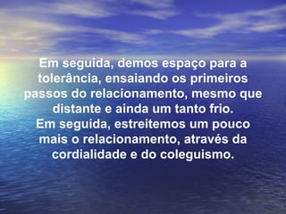 Em seguida, demos espaço para a
  tolerância, ensaiando os primeiros
passos do relacionamento, mesmo que
     distante e ainda um tanto frio.
  Em seguida, estreitemos um pouco
  mais o relacionamento, através da
     cordialidade e do coleguismo.
 