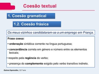 Outras Expressões, 12.º ano
1. Coesão gramatical
1.2. Coesão frásica
Os meus vizinhos candidataram-se a um emprego em França.
Frase coesa:
• ordenação sintática corrente na língua portuguesa;
• concordância correta em género e número entre os elementos
lexicais;
• respeito pela regência do verbo;
• presença do complemento exigido pelo verbo transitivo indireto.
Coesão textual
 