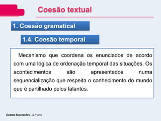 1. Coesão gramatical
1.4. Coesão temporal
Mecanismo que coordena os enunciados de acordo
com uma lógica de ordenação temporal das situações. Os
acontecimentos são apresentados numa
sequencialização que respeita o conhecimento do mundo
que é partilhado pelos falantes.
Coesão textual
Outras Expressões, 12.º ano
 