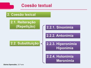 2. Coesão lexical
2.1. Reiteração
(Repetição)
2.2. Substituição
2.2.1. Sinonímia
2.2.2. Antonímia
2.2.3. Hiperonímia
Hiponímia
2.2.4. Holonímia
Meronímia
Coesão textual
Outras Expressões, 12.º ano
 