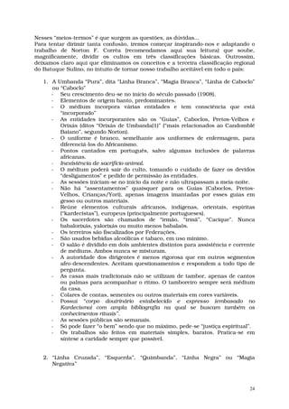 Nesses “meios-termos” é que surgem as questões, as dúvidas...
Para tentar dirimir tanta confusão, iremos começar inspirando-nos e adaptando o
trabalho de Norton F. Corrêa (recomendamos aqui sua leitura) que soube,
magnificamente, dividir os cultos em três classificações básicas. Outrossim,
deixamos claro aqui que eliminamos os conceitos e a terceira classificação regional
do Batuque Sulino, no intuito de tornar nosso trabalho aceitável em todo o país:

   1. A Umbanda “Pura”, dita “Linha Branca”, “Magia Branca”, “Linha de Caboclo”
      ou “Caboclo”
      - Seu crescimento deu-se no início do século passado (1908).
      - Elementos de origem banto, predominantes.
      - O médium incorpora várias entidades e tem consciência que está
         “incorporado”
      - As entidades incorporantes são os “Guias”, Caboclos, Pretos-Velhos e
         Orixás (ditos “Orixás de Umbanda(1)” (“mais relacionados ao Candomblé
         Baiano”, segundo Norton).
      - O uniforme é branco, semelhante aos uniformes de enfermagem, para
         diferenciá-los do Africanismo.
      - Pontos cantados em português, salvo algumas inclusões de palavras
         africanas.
      - Inexistência de sacrifício animal.
      - O médium poderá sair do culto, tomando o cuidado de fazer os devidos
         “desligamentos” e pedido de permissão às entidades.
      - As sessões iniciam-se no início da noite e não ultrapassam a meia-noite.
      - Não há “assentamentos” quaisquer para os Guias (Caboclos, Pretos-
         Velhos, Crianças/Yori), apenas imagens imantadas por esses guias em
         gesso ou outros materiais.
      - Reúne elementos culturais africanos, indígenas, orientais, espíritas
         (“kardecistas”), europeus (principalmente portugueses).
      - Os sacerdotes são chamados de “irmão, “irmã”, “Cacique”. Nunca
         babalorixás, yalorixás ou muito menos babalaôs.
      - Os terreiros são fiscalizados por Federações.
      - São usados bebidas alcoólicas e tabaco, em uso mínimo.
      - O salão é dividido em dois ambientes distintos para assistência e corrente
         de médiuns. Ambos nunca se misturam.
      - A autoridade dos dirigentes é menos rigorosa que em outros segmentos
         afro-descendentes. Aceitam questionamentos e respondem a todo tipo de
         pergunta.
      - As casas mais tradicionais não se utilizam de tambor, apenas de cantos
         ou palmas para acompanhar o ritmo. O tamboreiro sempre será médium
         da casa.
      - Colares de contas, sementes ou outros materiais em cores variáveis.
      - Possui “corpo doutrinário estabelecido e expresso (embasado no
         Kardecismo) com ampla bibliografia na qual se buscam também os
         conhecimentos rituais”.
      - As sessões públicas são semanais.
      - Só pode fazer “o bem” sendo que no máximo, pede-se “justiça espiritual”.
      - Os trabalhos são feitos em materiais simples, baratos. Pratica-se em
         síntese a caridade sempre que possível.


   2. “Linha Cruzada”, “Esquerda”, “Quimbanda”, “Linha Negra” ou “Magia
      Negativa”



                                                                                 24
 