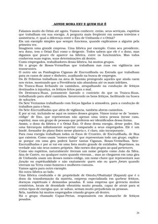 AONDE MORA EXU E QUEM ELE É

Falamos muito do Orixá até agora. Vamos conhecer, então, seus serviçais, espíritos
que trabalham em sua energia. A pergunta mais freqüente em nossos terreiros e
assistência, é: qual a diferença entre o Exu de Umbanda e o Orixá?
Eis um exemplo simples que sempre funciona, quando explicamos a alguém pela
primeira vez.
Imaginem uma grande empresa. Uma fábrica por exemplo. Como seu presidente,
seu dono, tem o Orixá Êxú como o dirigente. Todos sabem que ele é o dono, mas
digamos que pouco ele aparece na fábrica, entre os funcionários. Mas todos
conhecem suas regras, suas determinações ali dentro.
Como empregados, trabalhadores dessa fábrica, há muitos grupos.
Há o grupo de Rosas-Vermelhas que trabalham nas ruas em vigilância aos
transeuntes.
O outro são as Pombagiras Ciganas de Encruzilhada ou Estrada que trabalham
para os casos de amor e dinheiro, auxiliando na busca de empregos.
Os Zé Pelintras trabalham na área de boemia protegendo aqueles que ainda caem
nos vícios, mostrando que a Previdência não abandona até os mais infelizes.
Os Tranca-Ruas fechando os caminhos, atrapalhando na condução de feitiços
destinados à injustiça, os feitiços feitos para o mal.
Os Destranca-Ruas, justamente fazendo o contrário do que os Tranca-Ruas,
trabalhando para abrir caminhos, favorecendo os bons feitiços, facilitando na busca
de soluções.
Os Sete Ventanias trabalhando com forças ligadas à atmosfera, para a condução de
trabalhos para o bem.
Os Sete-Encruzilhadas que além de vigilância, também abrem caminhos.
E por aí vai, incluindo-se aqui os nomes desses grupos. Vimos tratar-se de "nomes-
código" de Exu, que representam não apenas uma única pessoa (nesse caso,
espírito), mas um grupo de pessoas que preferem ser identificados dessa forma.
Assim, o dono da fábrica é o Orixá Êxú. O dono dessa energia, desse poder. Em
uma hierarquia infinitamente superior comparado a seus empregados. Ele é um
Imolé, formador do plano físico nesse planeta e, é claro, não incorporante.
Para essa energia trabalham todos os Exus de Cruzeiro, de Encruzilhada, de Rua
que existem. Como usam "nomes-código" que representam todo um grupo, explica-
se porque em uma gira poderá haver tantas Ciganas, Rosas-Vermelhas, Sete-
Encruzilhadas e por aí vai em uma lista muito grande de entidades. Repetimos, na
verdade não são seus nomes próprios. São nomes dos grupos ao qual pertencem.
Como são espíritos, naturalmente tiveram um nome próprio como João da Silva,
Ana de Castro, ou qualquer outro quando viveram... mas ao chegarem em uma gira
de Umbanda usam um desses nomes-código, um nome-chave que representará sua
função na espiritualidade e não exatamente quem são ou quem foram quando
viveram na Terra como homens e mulheres comuns.
Vamos agora para outro exemplo.
Há outra fábrica ao lado.
Uma fábrica conduzida e de propriedade de Omulu/Obalúaiyé (Xapanã) que é o
dono da transformação da matéria, empresa especializada em quebrar feitiços,
doenças espirituais e demandas pesadas. É uma empresa que gerencia muitos
cemitérios, locais de densidade vibratória muito pesada, capaz de atrair para si
certos tipos de energias que, se soltas, seriam muito prejudiciais às pessoas.
Nela, também há muitos empregados criando grupos ali dentro.
Há o grupo chamado Capas-Pretas, responsáveis em desmanche de feitiços
pesados.



                                                                                 26
 