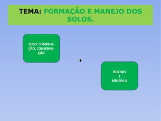 TEMA:  FORMAÇÃO E MANEJO DOS SOLOS. SOLO: COMPOSI-ÇÃO, CONSERVA-ÇÃO ROCHAS E MINERAIS 