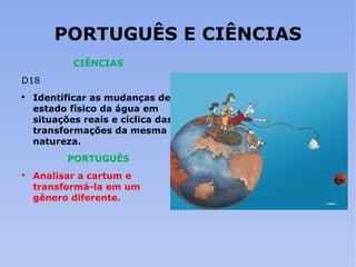 PORTUGUÊS E CIÊNCIAS CIÊNCIAS D18 Identificar as mudanças de estado físico da água em situações reais e cíclica das transformações da mesma natureza. PORTUGUÊS Analisar a cartum e transformá-la em um gênero diferente. 