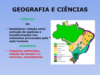 GEOGRAFIA E CIÊNCIAS CIÊNCIAS D4 Estabelecer relação entre extinção de espécies e transformações nos ambientes provocadas pela ação humana GEOGRAFIA Impactos ambientais, relação do homem e a natureza, ecossistemas 