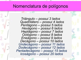 Triângulo – possui 3 lados
Quadrilátero – possui 4 lados
Pentágono – possui 5 lados
Hexágono – possui 6 lados
Heptágono – possui 7 lados
Octógono – possui 8 lados
Eneágono – possui 9 lados
Decágono – possui 10 lados
Undecágono – possui 11 lados
Dodecágono – possui 12 lados
Pentadecágono – possui 15 lados
Icoságono – possui 20 lados
Nomenclatura de polígonos
 