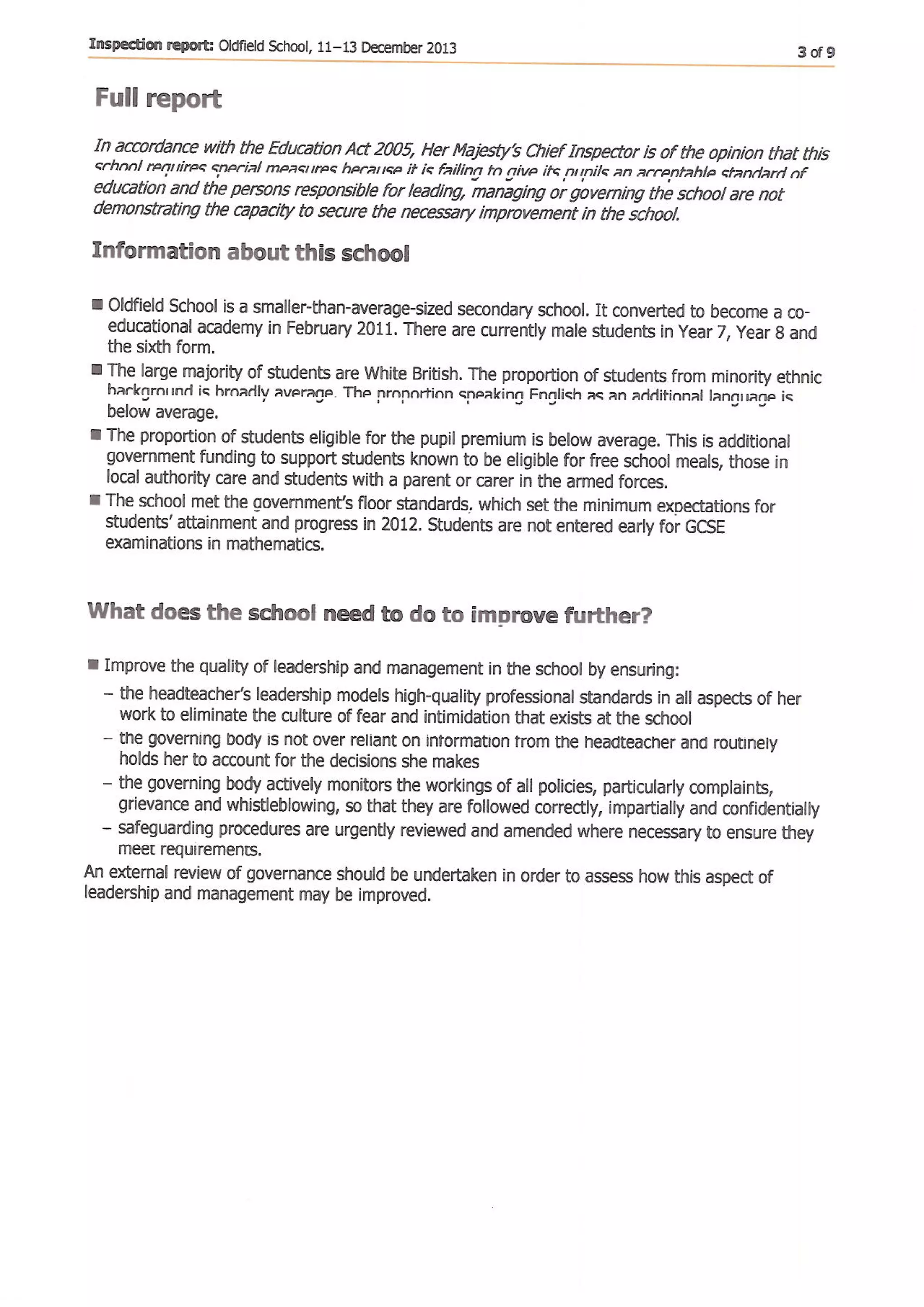 Oldfield School's unpublished 2013 Section 8 report