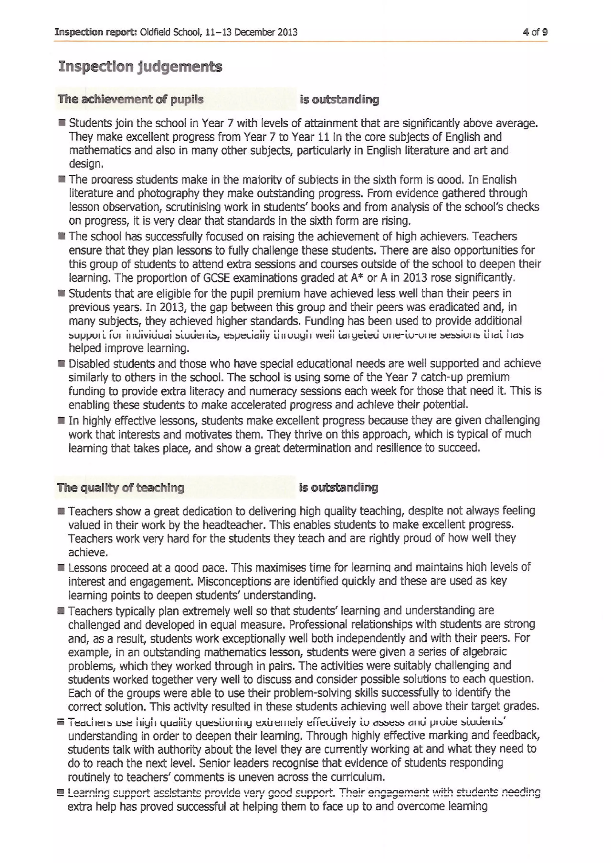 Oldfield School's unpublished 2013 Section 8 report