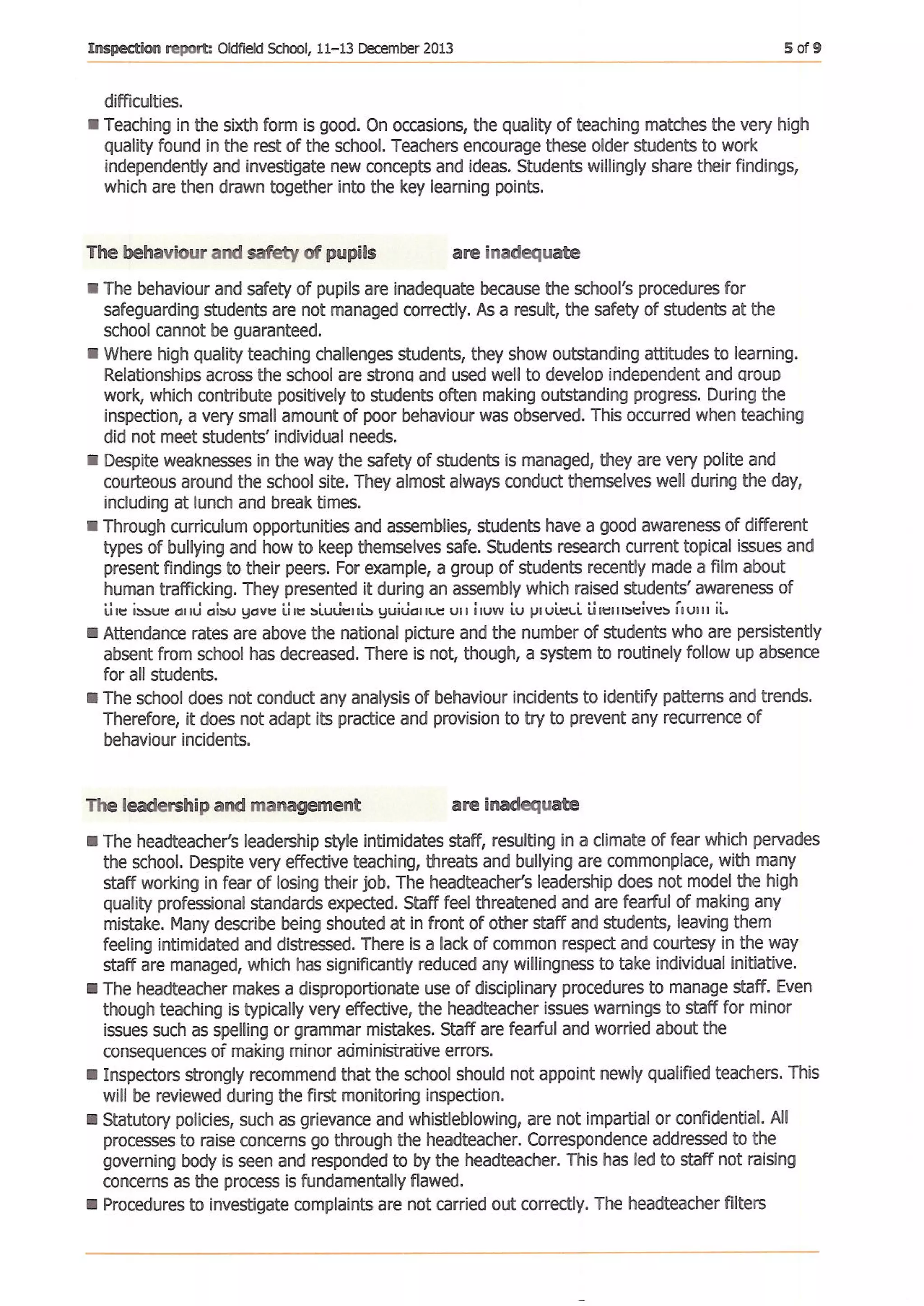 Oldfield School's unpublished 2013 Section 8 report