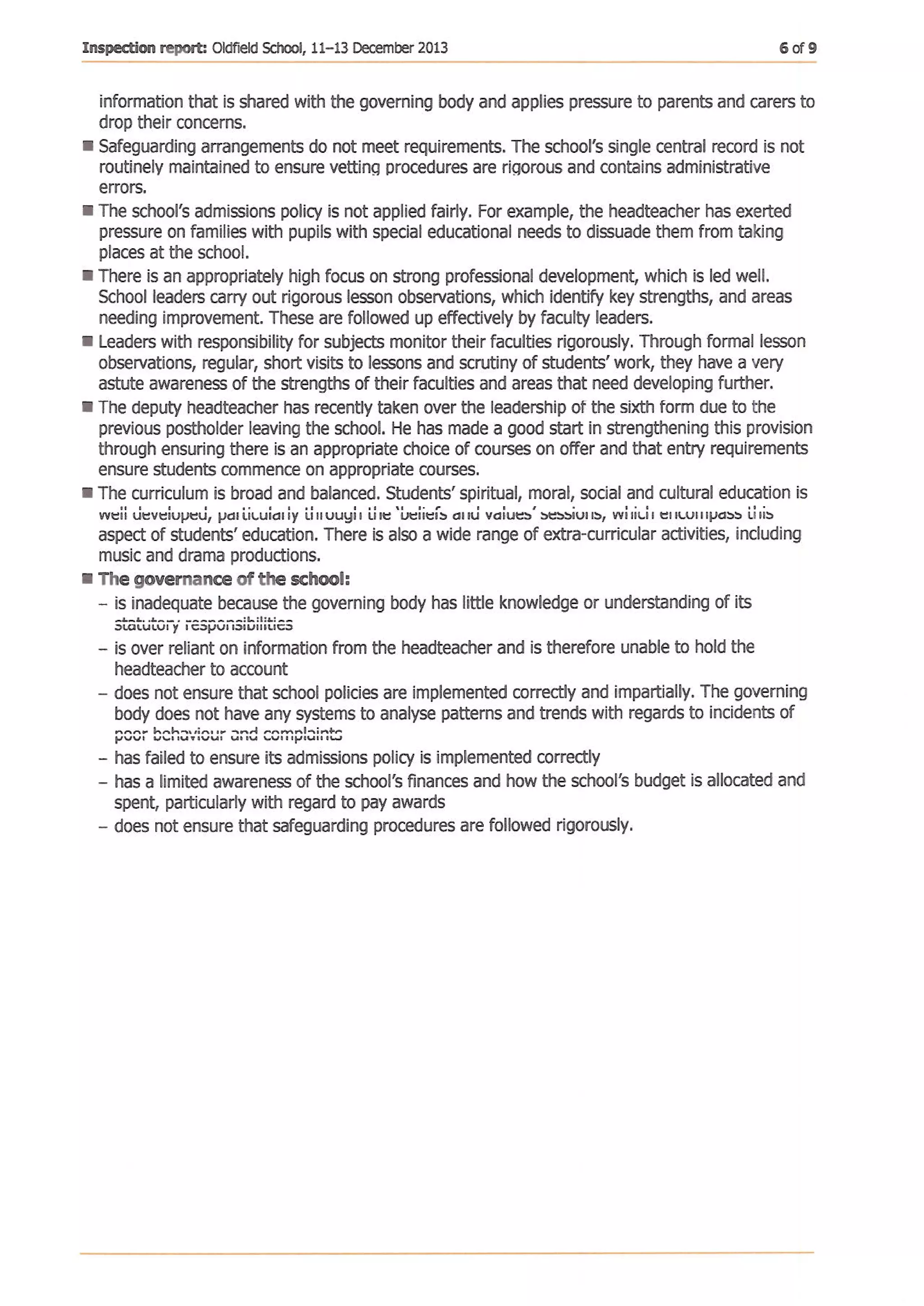 Oldfield School's unpublished 2013 Section 8 report