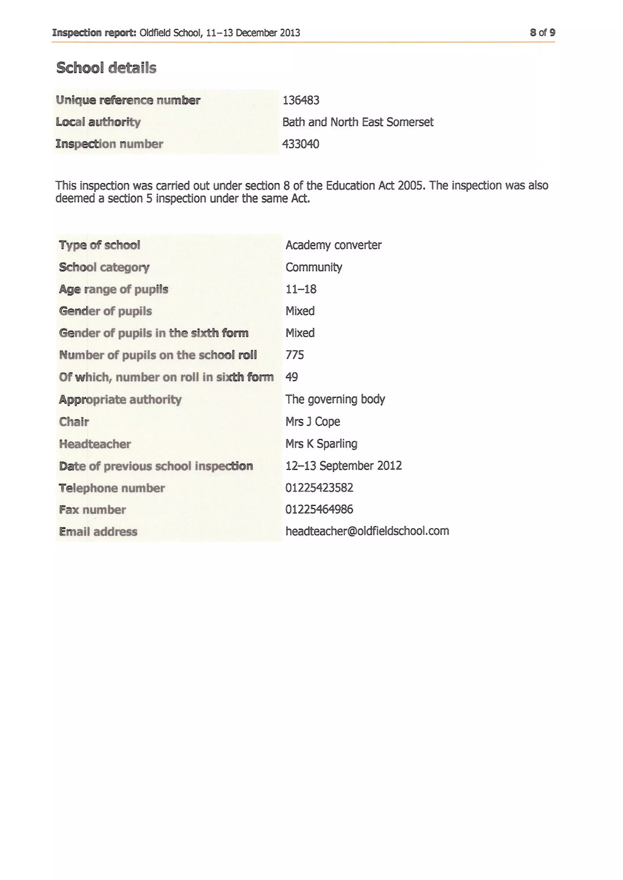 Oldfield School's unpublished 2013 Section 8 report