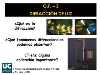 O.F. – 3 DIFRACCIÓN DE LUZ J.M. Saiz ; 2010 ¿Qué es la difracción? ¿Qué fenómenos difraccionales podemos observar? ¿Tiene alguna aplicación importante? Versión sin animación para el Aula Virtual 