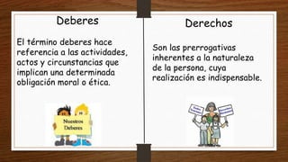Deberes
El término deberes hace
referencia a las actividades,
actos y circunstancias que
implican una determinada
obligación moral o ética.
Derechos
Son las prerrogativas
inherentes a la naturaleza
de la persona, cuya
realización es indispensable.