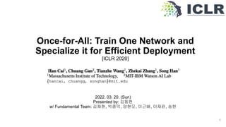 Once-for-All: Train One Network and
Specialize it for Efficient Deployment
[ICLR 2020]
2022. 03. 20. (Sun)
Presented by: 김동현
w/ Fundamental Team: 김채현, 박종익, 양현모, 이근배, 이재윤, 송헌
1
 