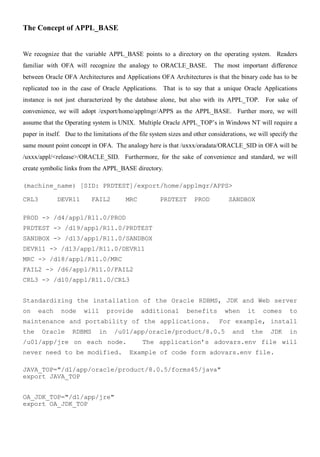 The Concept of APPL_BASE


We recognize that the variable APPL_BASE points to a directory on the operating system. Readers
familiar with OFA will recognize the analogy to ORACLE_BASE.                The most important difference
between Oracle OFA Architectures and Applications OFA Architectures is that the binary code has to be
replicated too in the case of Oracle Applications. That is to say that a unique Oracle Applications
instance is not just characterized by the database alone, but also with its APPL_TOP.            For sake of
convenience, we will adopt /export/home/applmgr/APPS as the APPL_BASE. Further more, we will
assume that the Operating system is UNIX. Multiple Oracle APPL_TOP’s in Windows NT will require a
paper in itself. Due to the limitations of the file system sizes and other considerations, we will specify the
same mount point concept in OFA. The analogy here is that /uxxx/oradata/ORACLE_SID in OFA will be
/uxxx/appl/<release>/ORACLE_SID. Furthermore, for the sake of convenience and standard, we will
create symbolic links from the APPL_BASE directory.

(machine_name) [SID: PRDTEST]/export/home/applmgr/APPS>

CRL3         DEVR11        FAIL2         MRC          PRDTEST       PROD          SANDBOX

PROD -> /d4/appl/R11.0/PROD
PRDTEST -> /d19/appl/R11.0/PRDTEST
SANDBOX -> /d13/appl/R11.0/SANDBOX
DEVR11 -> /d13/appl/R11.0/DEVR11
MRC -> /d18/appl/R11.0/MRC
FAIL2 -> /d6/appl/R11.0/FAIL2
CRL3 -> /d10/appl/R11.0/CRL3


Standardizing the installation of the Oracle RDBMS, JDK and Web server
on    each     node     will     provide       additional        benefits       when      it    comes     to
maintenance and portability of the applications.                              For example, install
the    Oracle      RDBMS      in    /u01/app/oracle/product/8.0.5                  and     the     JDK    in
/u01/app/jre on each node.                     The application’s adovars.env file will
never need to be modified.                Example of code form adovars.env file.

JAVA_TOP="/d1/app/oracle/product/8.0.5/forms45/java"
export JAVA_TOP


OA_JDK_TOP="/d1/app/jre"
export OA_JDK_TOP
 