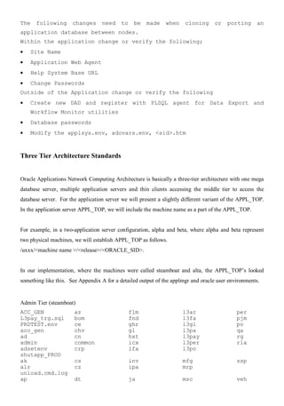 The   following       changes      need    to    be   made    when     cloning     or    porting      an
application database between nodes.
Within the application change or verify the following;
•   Site Name
•   Application Web Agent
•   Help System Base URL
•   Change Passwords
Outside of the Application change or verify the following
•   Create new DAD and register with PLSQL agent for Data Export and
    Workflow Monitor utilities
•   Database passwords
•   Modify the applsys.env, adovars.env, <sid>.htm



Three Tier Architecture Standards


Oracle Applications Network Computing Architecture is basically a three-tier architecture with one mega
database server, multiple application servers and thin clients accessing the middle tier to access the
database server. For the application server we will present a slightly different variant of the APPL_TOP.
In the application server APPL_TOP, we will include the machine name as a part of the APPL_TOP.


For example, in a two-application server configuration, alpha and beta, where alpha and beta represent
two physical machines, we will establish APPL_TOP as follows.
/uxxx/<machine name >/<release>/<ORACLE_SID>.


In our implementation, where the machines were called steamboat and alta, the APPL_TOP’s looked
something like this. See Appendix A for a detailed output of the applmgr and oracle user environments.


Admin Tier (steamboat)
ACC_GEN                az                       flm                   l3ar                   per
L3pay_trg.sql          bom                      fnd                   l3fa                   pjm
PRDTEST.env            ce                       ghr                   l3gl                   po
acc_gen                chv                      gl                    l3pa                   qa
ad                     cn                       hxt                   l3pay                  rg
admin                  common                   icx                   l3per                  rla
adsetenv               crp                      ifa                   l3po
shutapp_PROD
ak                     cs                       inv                   mfg                    ssp
alr                    cz                       ipa                   mrp
unload.cmd.log
ap                     dt                       ja                    msc                    veh
 