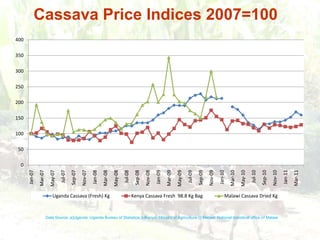 Cassava Price Indices 2007=100Data Source: a)Uganda: Uganda Bureau of Statistics; b)Kenya: Ministry of Agriculture c) Malawi: National statistical office of Malawi 