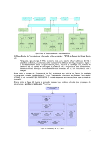 17
Figura 19: IDE de Geoprocessamento - visão Infraestrutura
O Plano Diretor de Tecnologia da Informação e Comunicação – PDTIC do Estado de Minas Gerais
diz:
“Enquanto a governança de TIC é o sistema pelo qual a atual e a futura utilização da TIC é
dirigida e controlada, envolvendo avaliar e direcionar a utilização de TIC para apoiar o órgão e
o acompanhamento deste uso para realizar planos, incluindo a estratégia e as políticas de
utilização de TIC dentro de um órgão, a gestão de TIC é responsável pelo planejamento,
desenvolvimento, execução e monitoramento das atividades de TIC em consonância com a
direção.”
Para tanto o modelo de Governança de TIC atualmente em prática no Estado foi avaliado
considerando modelos de referência do Control Objectives for Information and Related Technologies
(COBIT 5) e a norma ISO/IEC 38500:2009. O modelo segue as recomendações e boas práticas de
mercado.
Diante disto a figura 20 ilustra a aplicação dessas boas práticas através dos processos de
governança e gestão priorizados pela Prodemge.
Figura 20: Governança de TI - COBIT 5
 