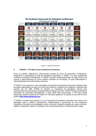 3
Figura 2 – Zachman Framework
2. TOGAF® – The Open Group Architecture Framework
Entre os padrões colaborativos, desenvolvidos através de fórum de praticantes, fornecedores,
acadêmicos e especialistas na área de Arquitetura Corporativa, o TOGAF é o mais amplamente
conhecido e praticado mundialmente. O TOGAF é mantido e desenvolvido pelo The Open Group, que
suporta o desenvolvimento de outros padrões baseados em tecnologia, os quais potencializem a
interoperabilidade entre informações e serviços.
O TOGAF é uma estrutura e uma metodologia comprovada de Arquitetura Corporativa utilizada pelas
principais organizações ao redor do mundo para melhorar a eficiência dos negócios. Publicado pela
primeira vez em 1995, TOGAF foi baseado no Framework de Arquitetura Técnica para
Gerenciamento de Informação do Departamento de Defesa dos EUA, TAFIM (Technical Architecture
Framework for Information Management). A partir desta base desenvolvida, o The Open Group
desenvolve versões sucessivas do TOGAF em intervalos regulares e as publica em seu site de forma
pública (http://www.opengroup.org).
O TOGAF na edição atual (versão 9.1) é um framework de arquitetura corporativa que fornece uma
abordagem para o desenho, planejamento, implementação e governança de uma Arquitetura
Corporativa. Ele utiliza uma abordagem de alto nível para a desenho baseada em quatro domínios:
Negócios, Aplicações, Dados e Tecnologia. Seus componentes (figura 3) estão descritos a seguir:
 