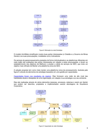 8
Figura 8: Motivação da visão Estratégia
O modelo ArchiMate simplificado mostra duas partes interessadas (o Cidadão e o Governo de Minas
Gerais) e as suas preocupações, modeladas como motivadores.
Os serviços de geoprocessamento prestados de forma individualizada e as plataformas diferentes em
cada órgão são avaliações das partes interessadas em relação a estas preocupações, e levam ao
estabelecimento dos objetivos de Melhorar e ampliar a oferta de serviços de GEO, que inclui um
objetivo mais refinado de Manter uma plataforma única de GEO.
A solução proposta tem como meta manter uma plataforma única de processamento, ilustrada pela
figura 9, através de elementos de estratégia baseados em uma gestão por capacidades.
Capacidades focam nos resultados de negócio. Elas fornecem uma visão de alto nível das
habilidades atuais e desejadas de uma organização, em relação à sua estratégia e ao seu ambiente.
Elas são realizadas através de vários elementos (pessoas, processos, sistemas e assim por diante)
que podem ser descritos, projetados e implementados usando abordagens de Arquitetura
Corporativa.
Figura 9: Capacidade da visão Estratégia
 