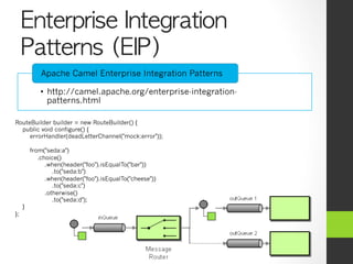 Enterprise	 Integration	 
     Patterns	 (EIP)
             Apache Camel Enterprise Integration Patterns

            •  http://camel.apache.org/enterprise-integration-
               patterns.html

RouteBuilder builder = new RouteBuilder() {
  public void configure() {
     errorHandler(deadLetterChannel("mock:error"));

         from("seda:a")
            .choice()
               .when(header("foo").isEqualTo("bar"))
                  .to("seda:b")
               .when(header("foo").isEqualTo("cheese"))
                  .to("seda:c")
               .otherwise()
                  .to("seda:d");
     }
};
 