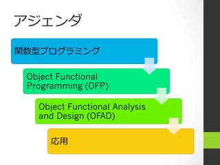 アジェンダ

関数型プログラミング

 Object Functional
 Programming (OFP)

   Object Functional Analysis
   and Design (OFAD)

      応⽤用
 
