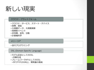 新しい現実
クラウド・プラットフォーム

•  クラウド・サービス、スマート・デバイス
•  故障、遅延
•  ⼤大規模データ、⼤大規模演算
•  ⾼高頻度イベント
•  ⾮非同期、並列、分散
•  計算機科学

メニーコア

•  並⾏行行プログラミング

DSL (Domain Specific Language)

•  モデル記述としてのDSL
   •  ⾃自動⽣生成
•  フレームワークAPIとしてのDSL
   •  作りやすさの向上、開発量の激減
 