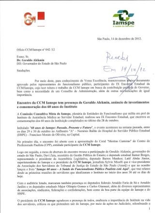 Ofício entregue ao Governador Geraldo Alckmin pela CCM IAMSPE - 14/12/2012