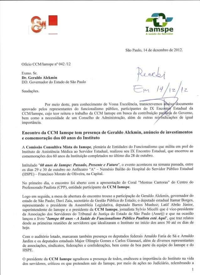 Ofício entregue ao Governador Geraldo Alckmin pela CCM 