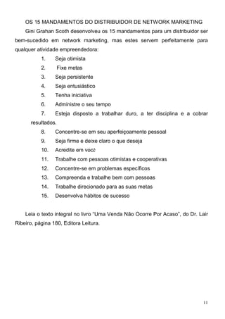 OS 15 MANDAMENTOS DO DISTRIBUIDOR DE NETWORK MARKETING
    Gini Grahan Scoth desenvolveu os 15 mandamentos para um distribuidor ser
bem-sucedido em network marketing, mas estes servem perfeitamente para
qualquer atividade empreendedora:
           1.    Seja otimista
           2.     Fixe metas
           3.    Seja persistente
           4.    Seja entusiástico
           5.    Tenha iniciativa
           6.    Administre o seu tempo
           7.    Esteja disposto a trabalhar duro, a ter disciplina e a cobrar
      resultados.
           8.    Concentre-se em seu aperfeiçoamento pessoal
           9.    Seja firme e deixe claro o que deseja
           10.   Acredite em você
           11.   Trabalhe com pessoas otimistas e cooperativas
           12.   Concentre-se em problemas específicos
           13.   Compreenda e trabalhe bem com pessoas
           14.   Trabalhe direcionado para as suas metas
           15.   Desenvolva hábitos de sucesso


    Leia o texto integral no livro “Uma Venda Não Ocorre Por Acaso”, do Dr. Lair
Ribeiro, página 180, Editora Leitura.




                                                                              11
 