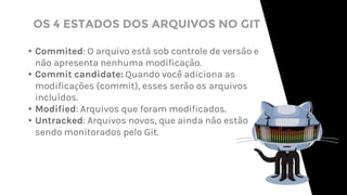 ▸Commited: O arquivo está sob controle de versão e
não apresenta nenhuma modificação.
▸Commit candidate: Quando você adiciona as
modificações (commit), esses serão os arquivos
incluídos.
▸Modified: Arquivos que foram modificados.
▸Untracked: Arquivos novos, que ainda não estão
sendo monitorados pelo Git.
OS 4 ESTADOS DOS ARQUIVOS NO GIT
 