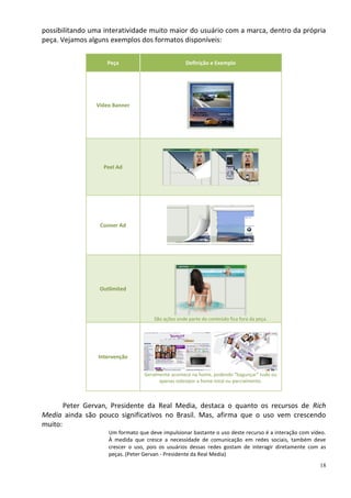 possibilitando uma interatividade muito maior do usuário com a marca, dentro da própria
peça. Vejamos alguns exemplos dos formatos disponíveis:

                    Peça                           Definição e Exemplo




                Vídeo Banner




                  Peel Ad




                 Cooner Ad




                 Outlimited




                                     São ações onde parte do conteúdo fica fora da peça.




                 Intervenção

                                 Geralmente acontece na home, podendo “bagunçar” tudo ou
                                       apenas sobrepor a home total ou parcialmente.



       Peter Gervan, Presidente da Real Media, destaca o quanto os recursos de Rich
Media ainda são pouco significativos no Brasil. Mas, afirma que o uso vem crescendo
muito:
                    Um formato que deve impulsionar bastante o uso deste recurso é a interação com vídeo.
                    À medida que cresce a necessidade de comunicação em redes sociais, também deve
                    crescer o uso, pois os usuários dessas redes gostam de interagir diretamente com as
                    peças. (Peter Gervan - Presidente da Real Media)
                                                                                                      18
 
