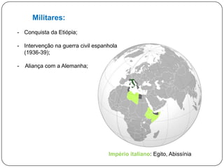 Militares:
- Defendeu a construção do Império
Italiano (Conquista da Abissínia /
Etiópia);
- Promoveu a intervenção na guerra civil
espanhola (1936-39);
-

Aliou-se com a Alemanha;

Império italiano: Egito, Abissínia

 