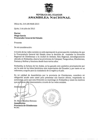 OFC. 314 - Mauro Andino pide que Procuraduría se mantenga en Riobamba
