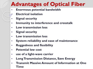 Advantages of Optical Fiber
 Enormous potential bandwidth
 Electrical isolation
 Signal security
 Immunity to interference and crosstalk
 Low transmission loss
 Signal security
 Low transmission loss
 System reliability and ease of maintenance
 Ruggedness and flexibility
 Potential low cost
 use of a light-wave carrier
 LongTransmission Distance, Save Energy
 Transmit Massive Amount of Information at One
Time
 