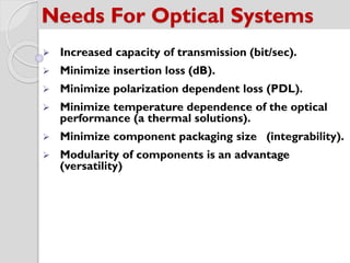 Needs For Optical Systems
 Increased capacity of transmission (bit/sec).
 Minimize insertion loss (dB).
 Minimize polarization dependent loss (PDL).
 Minimize temperature dependence of the optical
performance (a thermal solutions).
 Minimize component packaging size (integrability).
 Modularity of components is an advantage
(versatility)
 