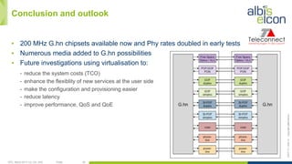 OFC, March 2017, LA, CA, USA Public 26
ES/T-17—042-Acopyrightalbis-elcon
Conclusion and outlook
▪  200 MHz G.hn chipsets available now and Phy rates doubled in early tests
▪  Numerous media added to G.hn possibilities
▪  Future investigations using virtualisation to:
-  reduce the system costs (TCO)
-  enhance the flexiblity of new services at the user side
-  make the configuration and provisioning easier
-  reduce latency
-  improve performance, QoS and QoE
 