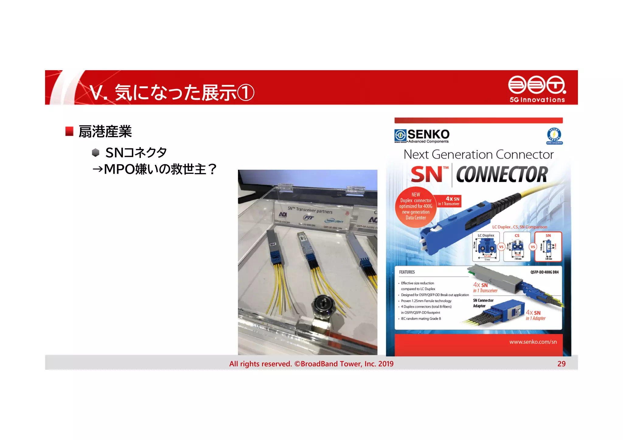 V. 気になった展示①
All rights reserved. ©BroadBand Tower, Inc. 2019 29
扇港産業
SNコネクタ
→MPO嫌いの救世主？
 