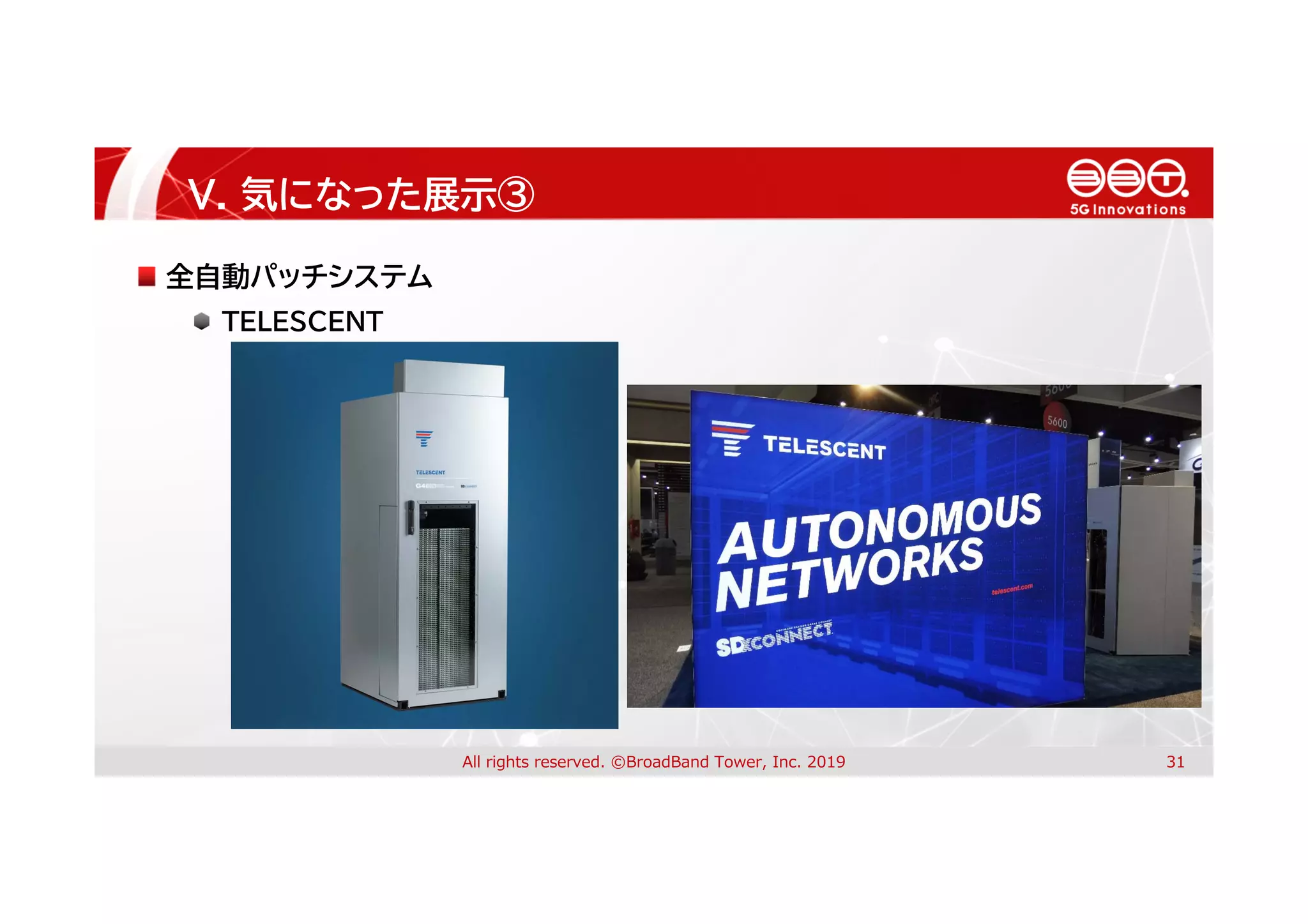 V. 気になった展示③
All rights reserved. ©BroadBand Tower, Inc. 2019 31
全自動パッチシステム
TELESCENT
 