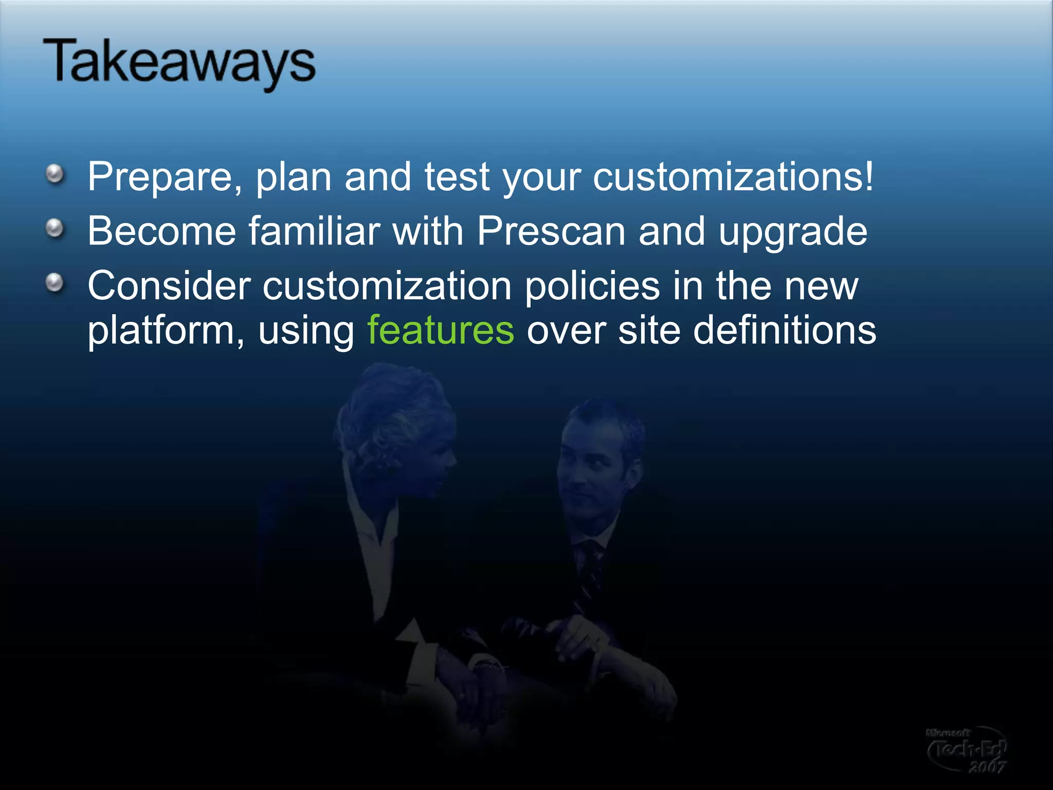 Common IssuesLocal administrator on server no longer has full access to SharePointCan be re-granted http://msmvps.com/blogs/shane/archive/2007/01/21/become-administrator-of-the-entire-web-application.aspxNew blocked file typesASMX, REM, RESX, SOAP, ASHXE-mail enabled document libraries don’t work  Look at new feature “Incoming e-mail”