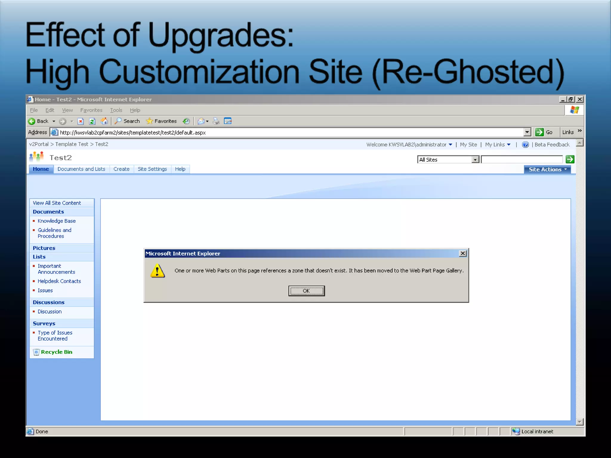 ReferencesSupportability2003 Best Practices to ensure upgradeability http://msdn2.microsoft.com/en-us/library/ms916859.aspxKB Article on Site Definition Supportability in 2003 http://support.microsoft.com/Default.aspx?id=898631Supported and unsupported scenarios for working with custom site definitions and custom area definitions in Windows SharePoint Services and in SharePoint Portal Server 2003 http://support.microsoft.com/kb/898631/en-usCommunity ToolsSharePoint Configuration Analyzer http://www.microsoft.com/downloads/details.aspx?FamilyID=918f8c18-89dc-4b47-82ca-34b393ea70e1&DisplayLang=enSharePoint Utility http://www.microsoft.com/sharepoint/downloads/components/detail.asp?a1=724SPReporthttp://workspaces.gotdotnet.com/spreportsManaging SharePoint Products and Technologies Performance at Microsoft  http://www.microsoft.com/technet/itshowcase/content/spsperfnote.mspx#ETKAEMicrosoft SQL Server Report Pack for Microsoft Office SharePoint Portal Server 2003 http://www.microsoft.com/downloads/details.aspx?FamilyID=49159368-544b-4b09-8eed-4844b4e33d3d&DisplayLang=enBlogsResources and Recommendations for Upgrading Site Definitions and Site Templates http://blogs.msdn.com/joelo/archive/2007/01/03/resources-and-recommendations-for-upgrading-site-definitions-and-site-templates.aspxUpgrade Content IT Pros may not have seen http://blogs.msdn.com/joelo/archive/2006/12/06/upgrade-content-it-pros-may-not-have-seen.aspxOther Upgrade Topics from Joel’s Bloghttp://blogs.msdn.com/joelo/archive/tags/Upgrade/default.aspx