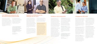 Une fiabilité permanente et une                                                          Gardez le contrôle des services
sécurité de classe professionnelle                                                       hébergés dans le cloud                                                                  Améliorez votre productivité                                                                  L’engagement Microsoft
Office 365 s’exécute sur un réseau           Pour préserver la fiabilité de vos          Avec Office 365, vous garderez le           Pour que votre équipe informatique          De la planification des rendez-vous          Des outils familiers : avec Office 365,          Depuis le lancement du premier produit        Notre vision de la productivité : il y
mondial de centres de données,               services hébergés, Microsoft stocke         contrôle des configurations de service      puisse recevoir l’aide dont elle a besoin   au partage des fichiers et à la              vos utilisateurs travailleront avec les outils   Office en 1989, Microsoft a développé         a vingt ans, le concept de productivité
parfaitement protégé par plusieurs           automatiquement les données dans des        et de l’accès des utilisateurs, tandis      au moment où elle en a besoin,              collaboration avec les réunions en           Microsoft Outlook® et Microsoft Office           des outils de productivité destinés aux       couvrait la préparation des documents
niveaux de sécurité et par une politique     centres de données géographiquement         que nous prendrons en charge les            les clients Office 365 bénéficient d’une    ligne, l’offre d’Office 365 intègre les      qu’ils connaissent bien2, mis à disposition      entreprises de toutes tailles. Aujourd’hui,   et des feuilles de calcul sur ordinateur.
de confidentialité stricte. En matière de    éloignés. Par ailleurs, notre contrat       tâches courantes d’administration de        assistance informatique accessible          outils de productivité reconnus dans         via nos services hébergés. La plupart des        la fiabilité, la sécurité et les capacités    Aujourd’hui, nous pensons qu’elle doit
sécurité, nos pratiques s’appuient sur une   de niveau de service garantit une           serveur, telles que les mises à jour        en continu, partout dans le monde.          le cloud. Office Professionnel Plus offre    offres de services de Microsoft Office 365       de Microsoft Office 365 emmènent              englober les activités de recherche, de
approche multidimensionnelle fondée          disponibilité de 99,9 % des systèmes,       de sécurité et les mises à niveau de                                                    les fonctions bien connues d’Office.         incluent Office Web Apps, la seule               vos collaborateurs vers un nouveau            collaboration, de gestion de contenu,
sur les risques pour protéger les données    avec remise financière si nous ne           système. Concrètement, votre équipe                                                     Vous disposez en plus des versions           gamme d’applications de cloud                    niveau de productivité, libérant votre        de veille économique en libre service
et les services : nous définissons les       respectons pas cette clause.                informatique peut distribuer des tâches       Des options de tarification               en ligne des services de communication       conçue pour fonctionner de manière               équipe informatique de ses contraintes.       ainsi que les communications unifiées
exigences de sécurité pour les personnes,                                                administratives spécifiques grâce à des       prévisibles et flexibles                  et de collaboration Microsoft : Exchange     transparente avec Microsoft Outlook,             Quatre facteurs font de Microsoft la          pour amener les collaborateurs à
les processus et la technologie et                                                       contrôles d’accès basés sur les rôles,                                                  Online, SharePoint® Online et Lync™          Microsoft Word, Microsoft PowerPoint,            seule société qualifiée pour fournir des      l’excellence et aider les entreprises
nous mettons en œuvre les contrôles                                                      et recevoir des informations à jour           En migrant vers le cloud, non             Online, pour que les utilisateurs internes   Microsoft Excel et Microsoft OneNote®.           services hébergés dans le cloud aux           à rester compétitives.
correspondants.                                                                          sur la disponibilité des services via des     seulement vous réduirez le temps          et externes participent en temps réel                                                         entreprises :
                                             « Grâce aux services en ligne Microsoft,    flux RSS et notre portail dédié à l’état      et les dépenses liées à la possession,    au développement de vos activités.           Collaboration facilitée : du courrier                                                          Notre investissement permanent :
                                             nous avons pu réduire les coûts de          des services.                                                                                                                        électronique à la messagerie instantanée         L’expérience PC-navigateur-téléphone :        nous travaillons avec les entreprises
                                                                                                                                       au déploiement et à la gestion des
                                             notre centre de données et bénéficier de                                                                                            Accessible partout : avec Office 365,        en passant par les réunions spontanées           nous nous attachons à ce que                  depuis plus de 20 ans, œuvrant aux côtés
                                                                                                                                       serveurs sur site, mais vous pourrez
                                             services d’une robustesse à toute épreuve   Office 365 vous offre également des                                                     vos utilisateurs accèderont à davantage      en ligne, les utilisateurs collaborent           l’utilisateur puisse continuer toutes ses     de nos clients et de nos partenaires pour
                                                                                                                                       également prévoir vos dépenses
                                             pour la récupération après sinistre,        options flexibles de coexistence : vous                                                 d’informations, de manière plus              plus facilement : ils gèrent des projets,        activités lorsqu’il passe d’un outil à un     découvrir leurs besoins et comment
                                                                                         pouvez ainsi proposer des outils et des       informatiques et anticiper vos coûts      sécurisée et quasi-instantanée.              rédigent des documents à plusieurs               autre (PC, téléphone, navigateur) en lui      les satisfaire. Nous procédons de la
                                             la sécurité et la gestion de serveur.                                                     annuels grâce à diverses offres de
                                             Nous pouvons désormais nous concentrer      services hébergés sur site et d’autres                                                  En effet, les courriers électroniques,       et communiquent en temps réel pour               offrant une interface cohérente sur les       même manière avec Office 365 : nous
                                                                                         sur Internet, voire une combinaison des       services flexibles. Quels que soient      les documents, les contacts et               accomplir plus de travaux en moins               trois supports. Les utilisateurs doivent      partageons notre feuille de route pour
                                             sur nos collaborateurs plutôt que sur                                                     les services hébergés choisis, les
                                                                                         deux. Plus encore, vous pouvez migrer                                                   les calendriers sont disponibles             de temps.                                        pouvoir communiquer, collaborer et            l’amélioration des produits avec nos
                                             la technologie. »                                                                         entreprises payent un tarif mensuel
                                                                                         vers le cloud à votre propre rythme,                                                    immédiatement depuis un ordinateur                                                            échanger des documents entre PC,              partenaires et clients, recevons leurs
                                                                                         en choisissant les échéances et les rôles     au nombre d’utilisateurs, avec la         portable, un smartphone ou un                                                                 navigateur et téléphone, en exploitant        commentaires, puis hiérarchisons les
                                             Craig Hergenroether
                                             Responsable informatique                    applicables à tous.                           possibilité d’ajuster le nombre           navigateur. Office 365 est compatible        « Nos utilisateurs plébiscitent la migration     les atouts de chaque technologie au           demandes et développons celles qui
                                             Barry-Wehmiller, Inc.                                                                     d’utilisateurs aux variations             avec les principaux navigateurs Internet,    vers Microsoft Online Services, ... des          cours de l’opération.                         sont prioritaires dans un délai donné.
                                                                                                                                       de l’activité.                            les systèmes d’exploitation Windows          solutions familières et intuitives que nous                                                    Nous sommes toujours à la recherche
                                                                                                                                                                                 et Macintosh et avec les téléphones          pouvons utiliser en toute confiance pour         Le cloud, à vos conditions : vous             d’améliorations et à l’écoute des
                                                                                                                                                                                 Microsoft Windows® Phone, Nokia,             nos communications d’entreprise. »               pouvez utiliser la technologie Microsoft      remarques faites sur nos produits :
                                                                                                                                                                                 Android, iPhone et Blackberry1.                                                               sur site, en ligne ou opter pour une          notre engagement à l’égard de
                                                                                                                                                                                                                              Chris Millington                                 solution mixte. À cette occasion,             Microsoft Office 365 est donc des
                                                                                                                                                                                                                              Directeur technologique mondial                  vous pourrez bénéficier du support            plus solides.
                                                                                                                                                                                                                              McDonald’s Corporation                           de professionnels Microsoft afin de
                                                                                                                                                                                                                                                                               vous aider à cerner la méthode la plus
                                                                                                                                                                                                                                                                               stratégique et la plus économique
                                                                                                                                                                                                                                                                               pour intégrer nos services dans votre
                                                                                                                                                                                                                                                                               environnement informatique.
 