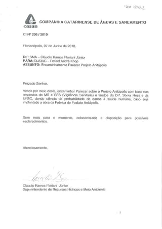 Oficio enviado a Casan sobre Projeto Anitápolis