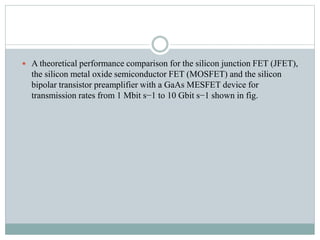  A theoretical performance comparison for the silicon junction FET (JFET),
the silicon metal oxide semiconductor FET (MOSFET) and the silicon
bipolar transistor preamplifier with a GaAs MESFET device for
transmission rates from 1 Mbit s−1 to 10 Gbit s−1 shown in fig.
 