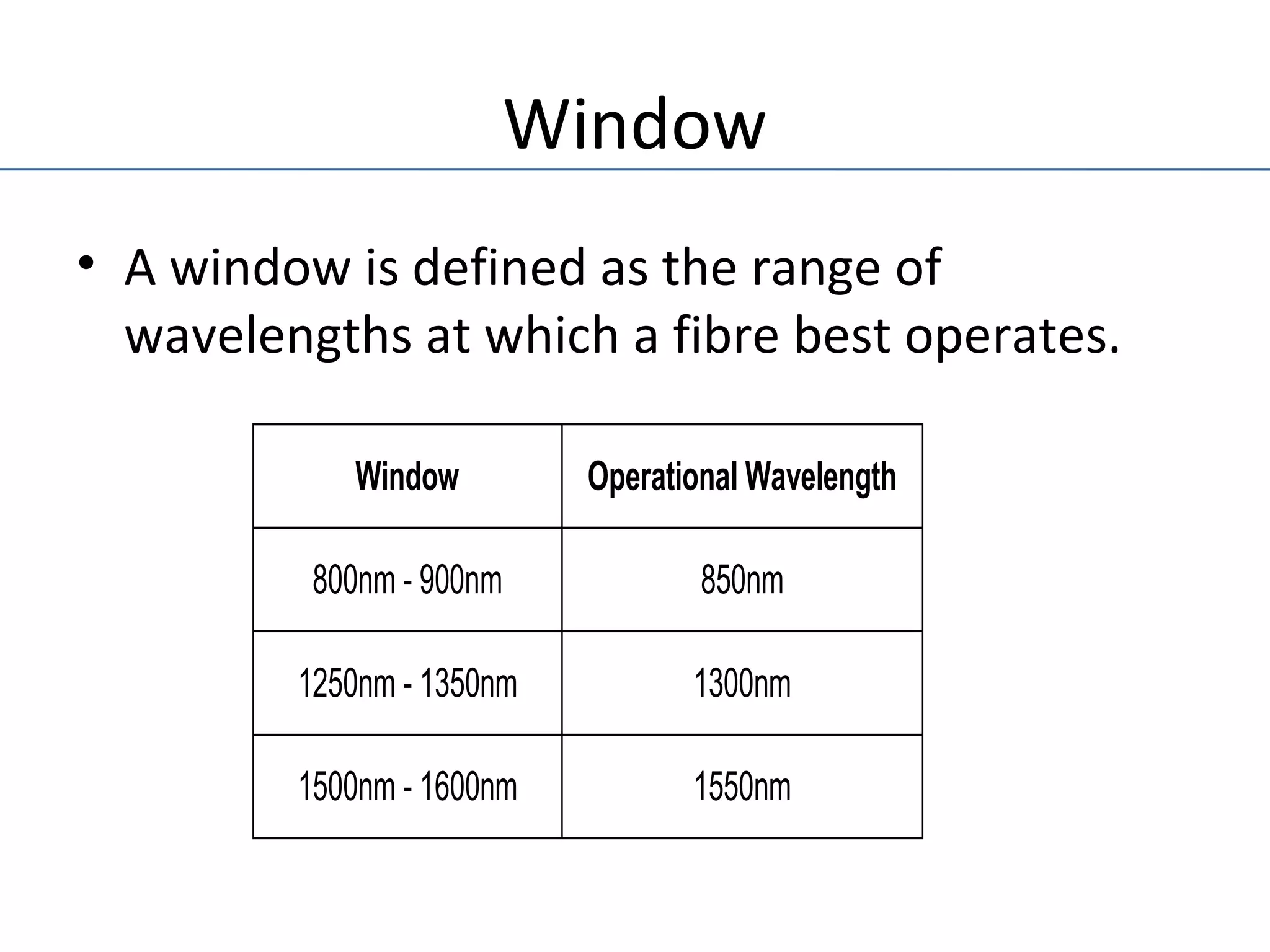 Window
• A window is defined as the range of
wavelengths at which a fibre best operates.
Window Operational Wavelength
800nm - 900nm 850nm
1250nm - 1350nm 1300nm
1500nm - 1600nm 1550nm
 