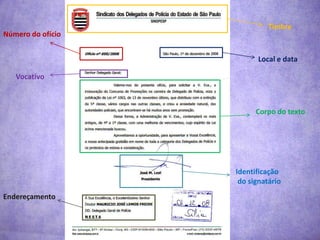 Timbre Número do ofício Local e data Vocativo Corpo do texto Identificação do signatárioEndereçamento