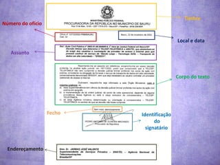 Timbre Número do ofício Local e data AssuntoCorpo do texto Fecho Identificação do signatárioEndereçamento