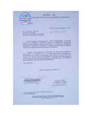 Ofício entregue ao Governador do Estado de Pernambuco