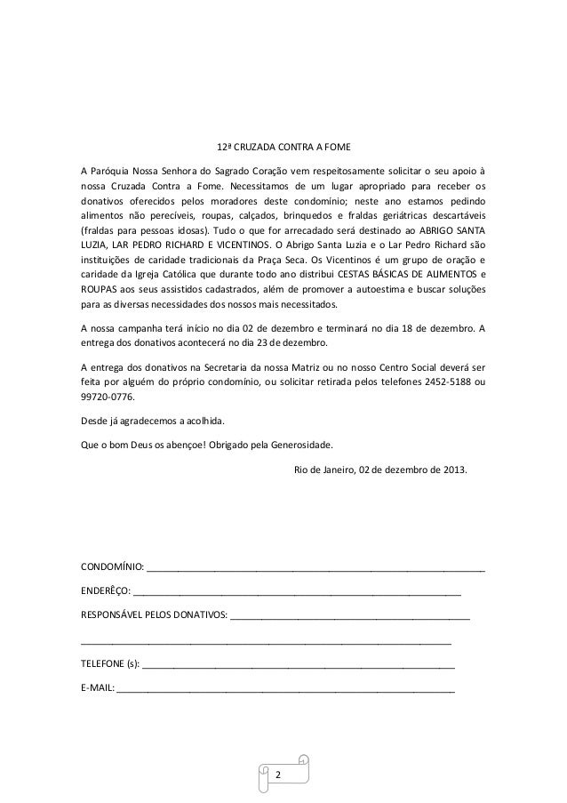 Modelo/Ofício 12ª cruzada contra a fome (para os condomínios)